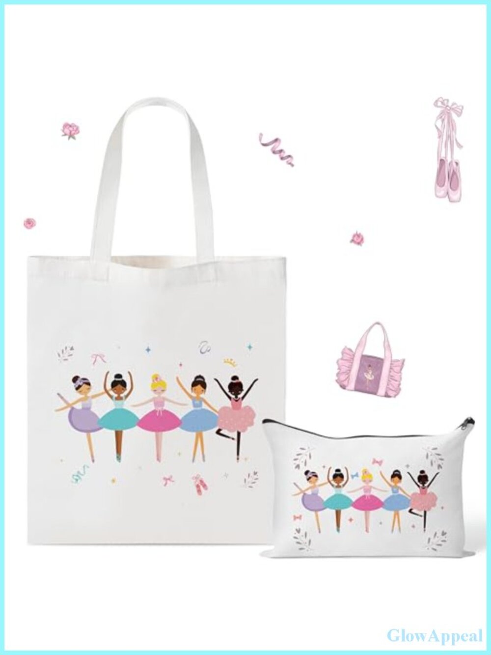Ballet Canvas Tote Bag Set with Makeup Pouch - Cute Dancing Girls Design, Gift